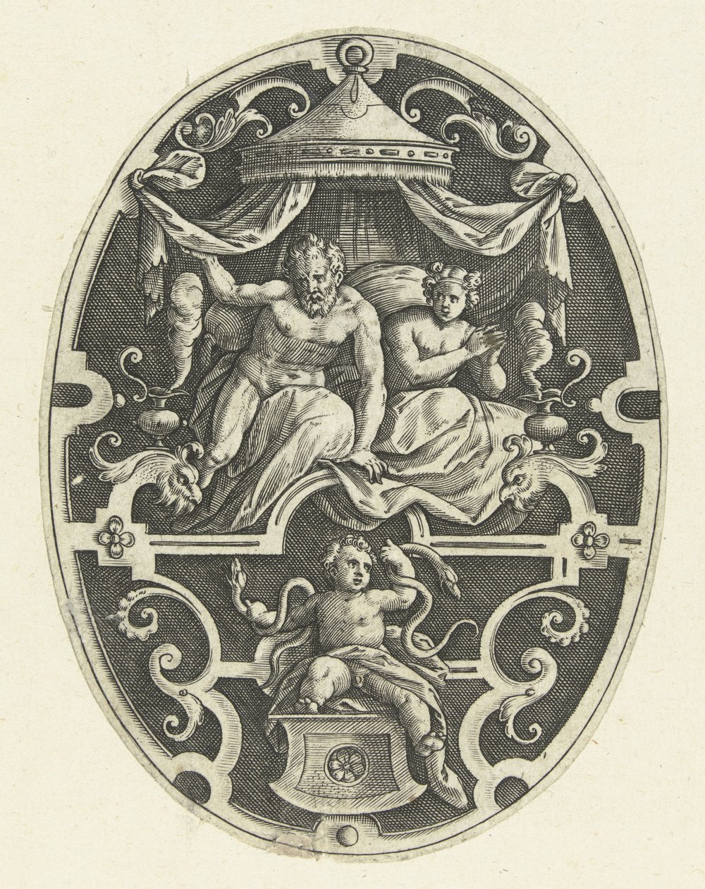 Vlakdecoratie: Hercules wurgt in zijn wieg de twee slangen Ovale vlakdecoraties met de daden van Hercules in grotesken (series title) door Gerard de Jode