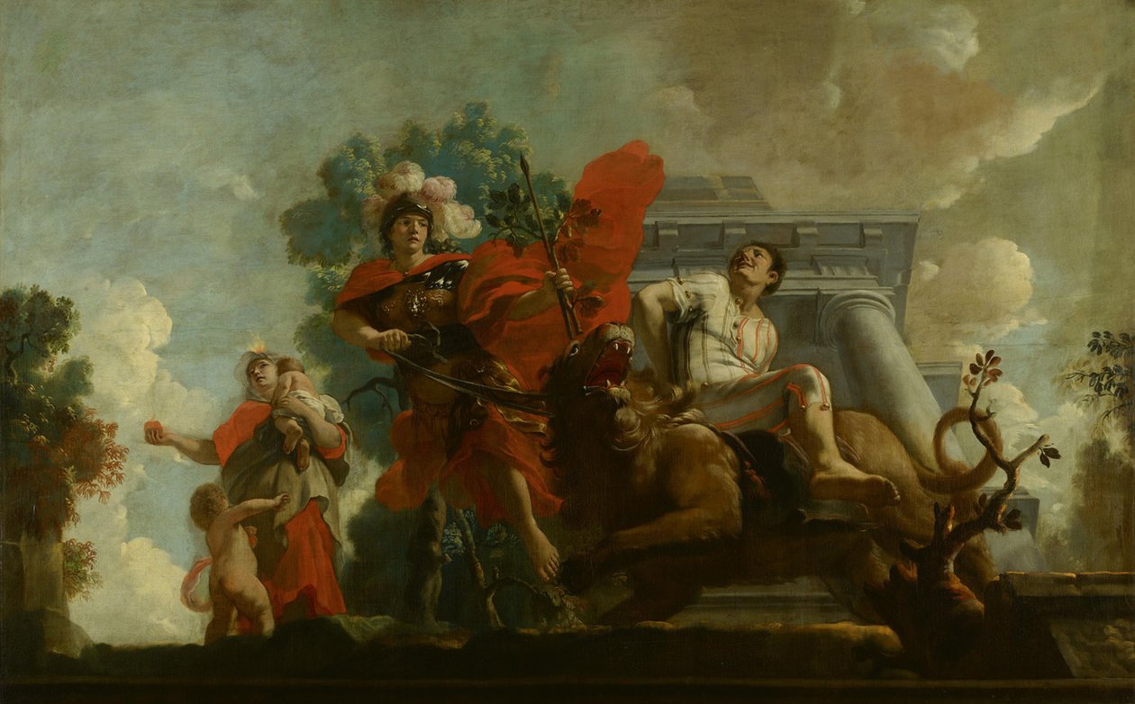 Fortitudo breidelt de zotheid : Allegorische voorstelling van de verzorging van leprozen en onnozelen door Gerard de Lairesse