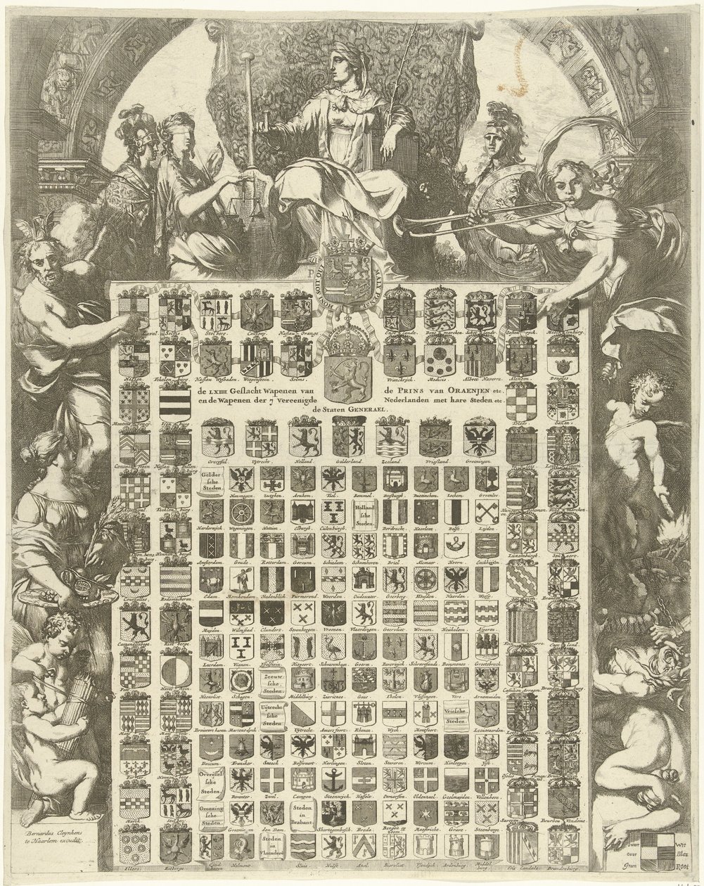 Geslachtswapens van prins Willem III in een allegorische omlijsting door Gerard de Lairesse