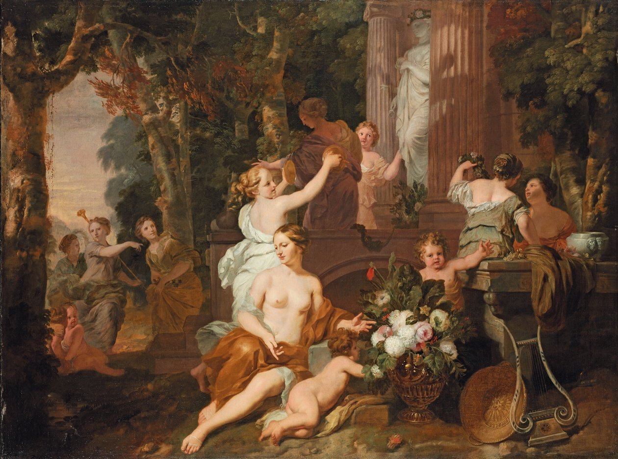 Nimfen en Bacchanten brengen eerbetoon in de tempel van Flora door Gerard de Lairesse