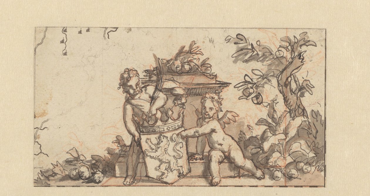 Ontwerp voor een vignet met twee putti met het wapenschild van Holland door Gerard de Lairesse