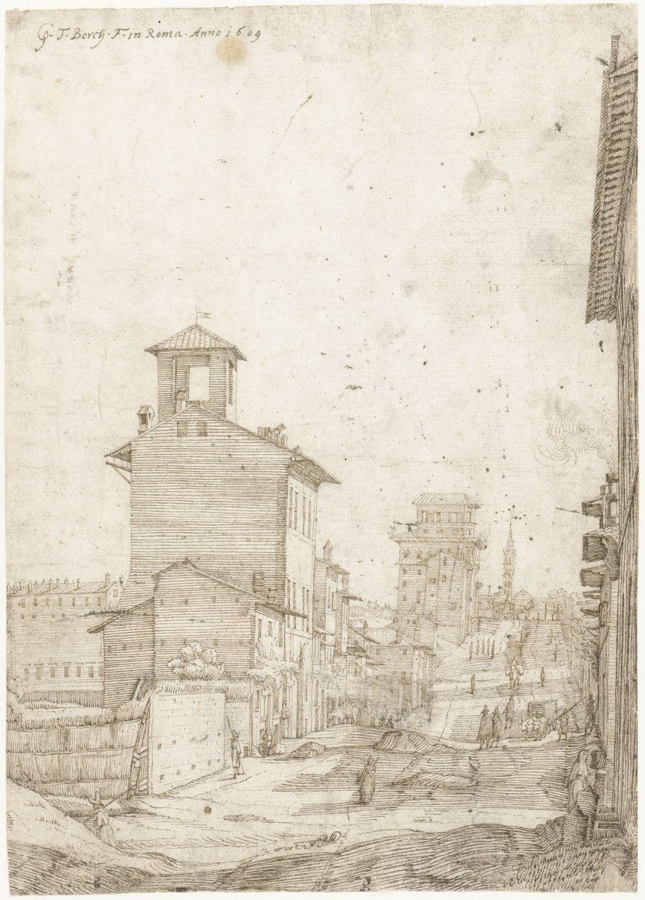 Gezicht op de Via Panisperna naar de Santa Maria Maggiore, Rome door Gerard ter Borch