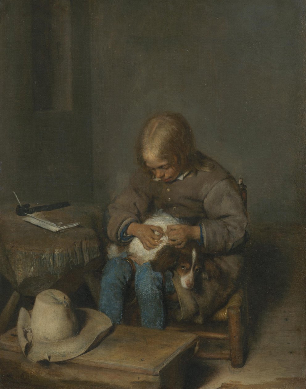 Een jongen die vlooien van een hond plukt door Gerard ter Borch