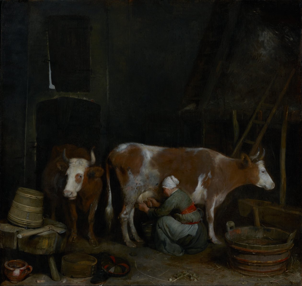Een dienstmeid melkt een koe in een schuur door Gerard ter Borch