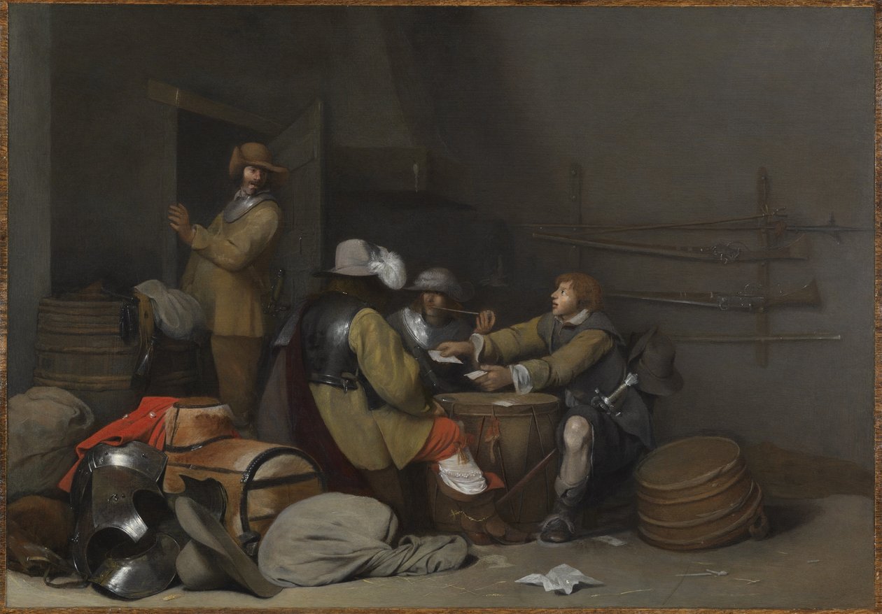 Bewakersruimte interieur met rokende en kaartspelende soldaten door Gerard ter Borch