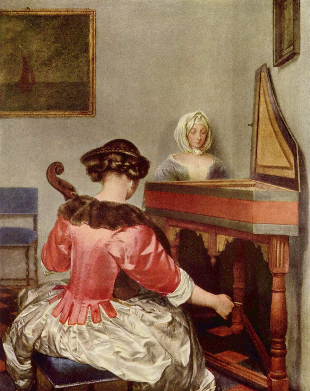 Twee vrouwen spelen muziek in een interieur door Gerard ter Borch