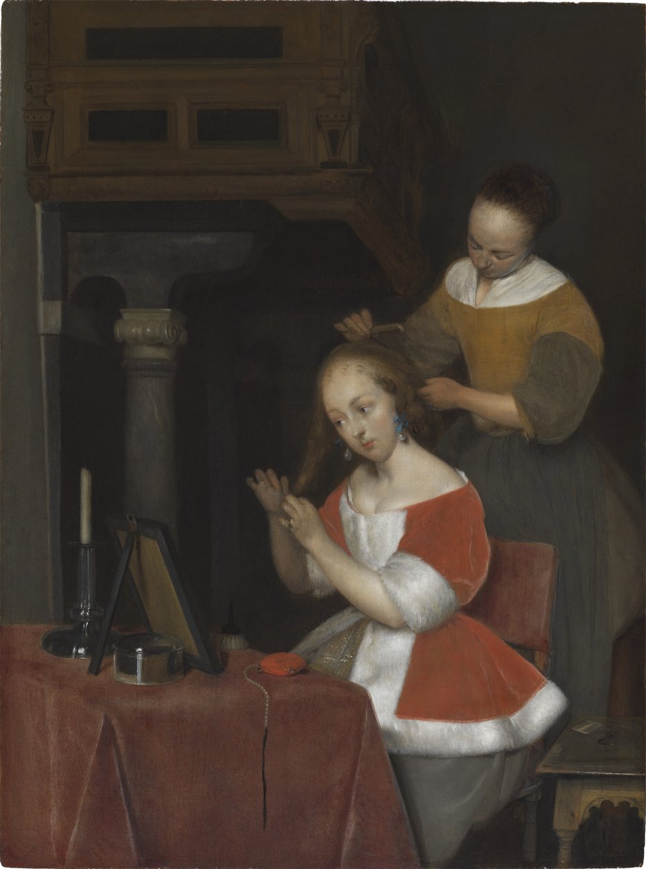 Vrouw op haar toilet door Gerard ter Borch