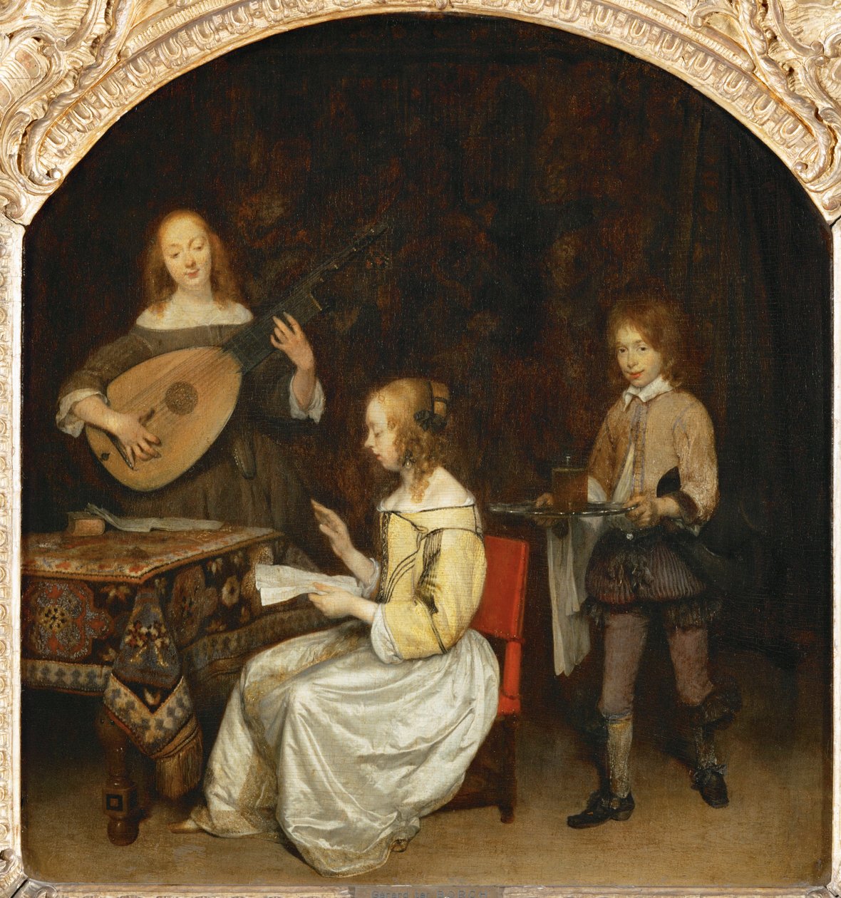 Het concert: zangeres en theorbe-luitspeler ... door Gerard ter Borch or Terborch