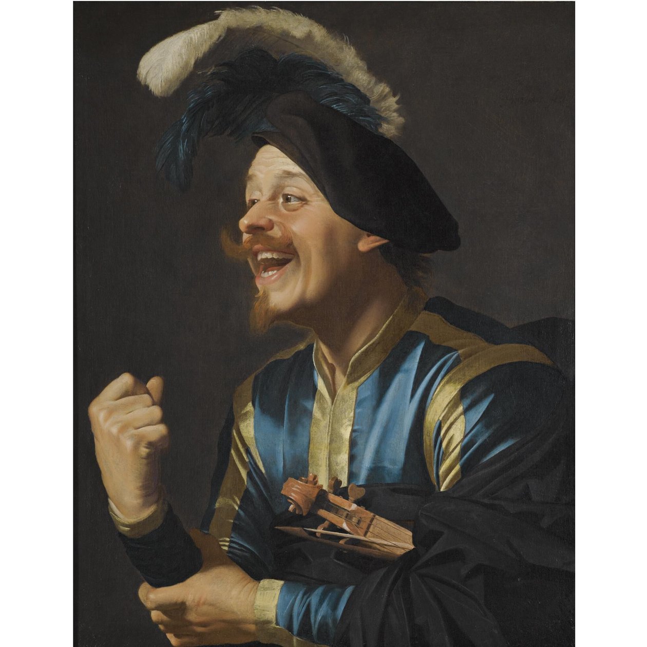 Lachende muzikant met een viool onder zijn arm door Gerard van Honthorst