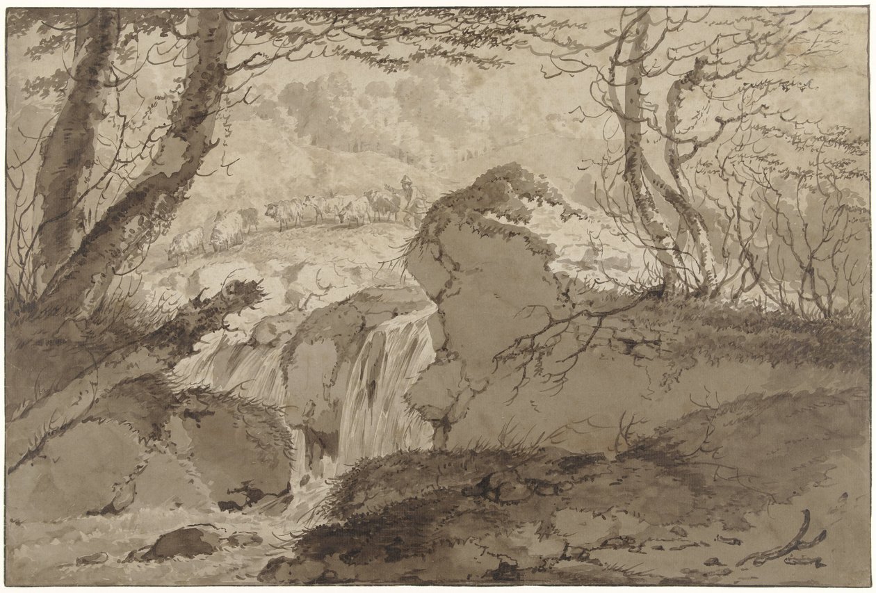 Berglandschap met waterval tussen bomen, waarlangs een schaapherder zijn kudde voert door Gerard van Nijmegen