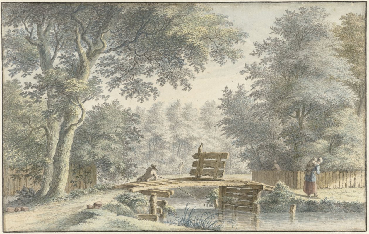 Landschap met een brug waarop een hengelaar door Gerard van Rossum