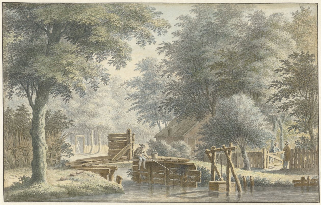 Landschap met een brug waarop een hengelaar door Gerard van Rossum