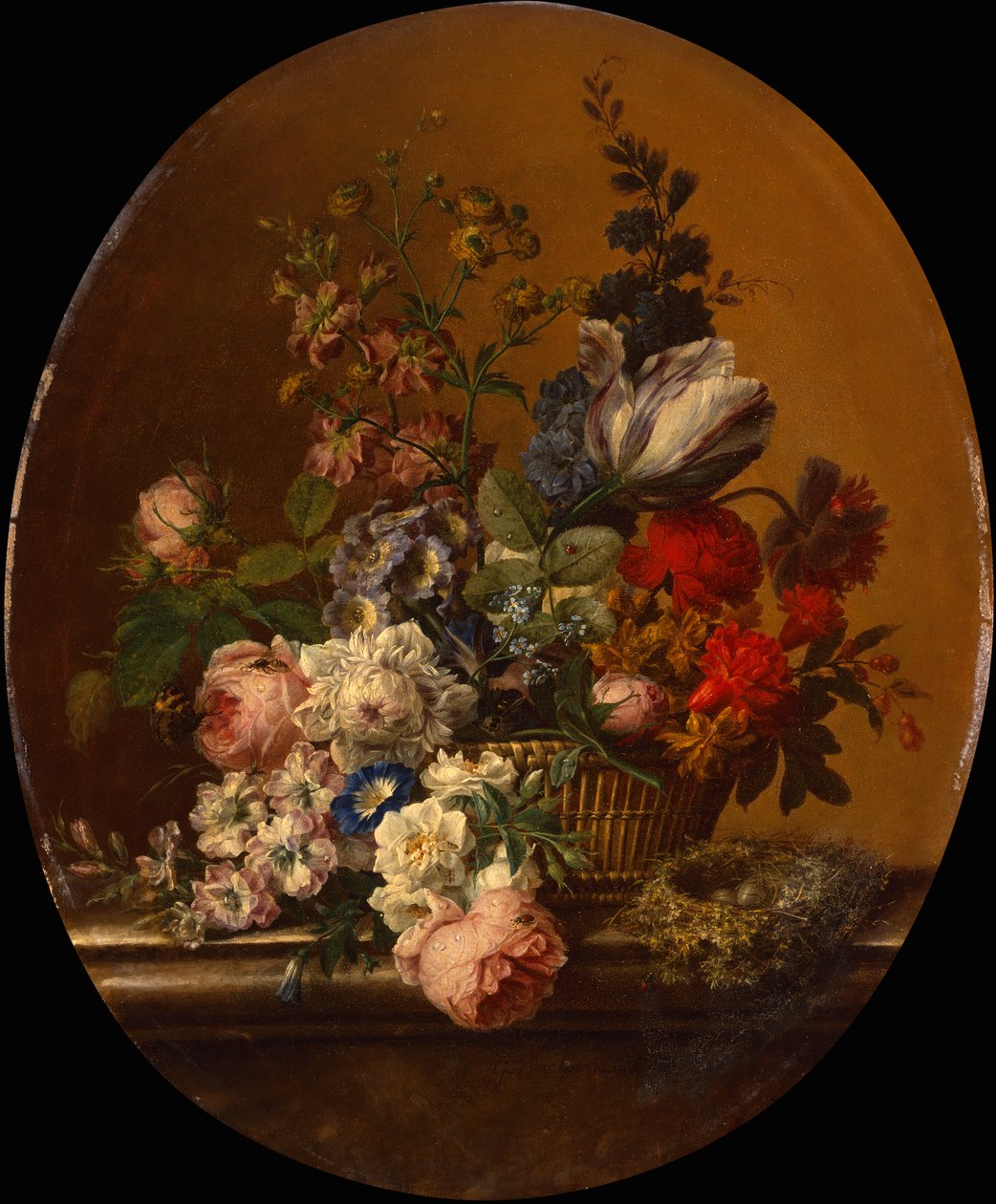 Stilleven van bloemen in een mand met een heggenmusnest op een stenen richel door Gerard van Spaendonck