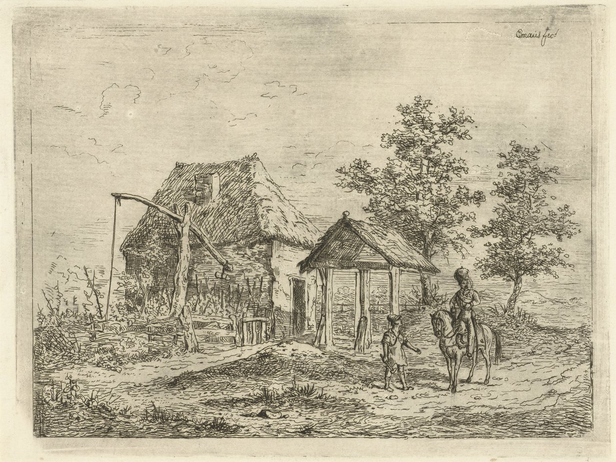 Cavalerist bij boerderij (De rijdende artillerist en de boer) door Gerardus Emaus de Micault