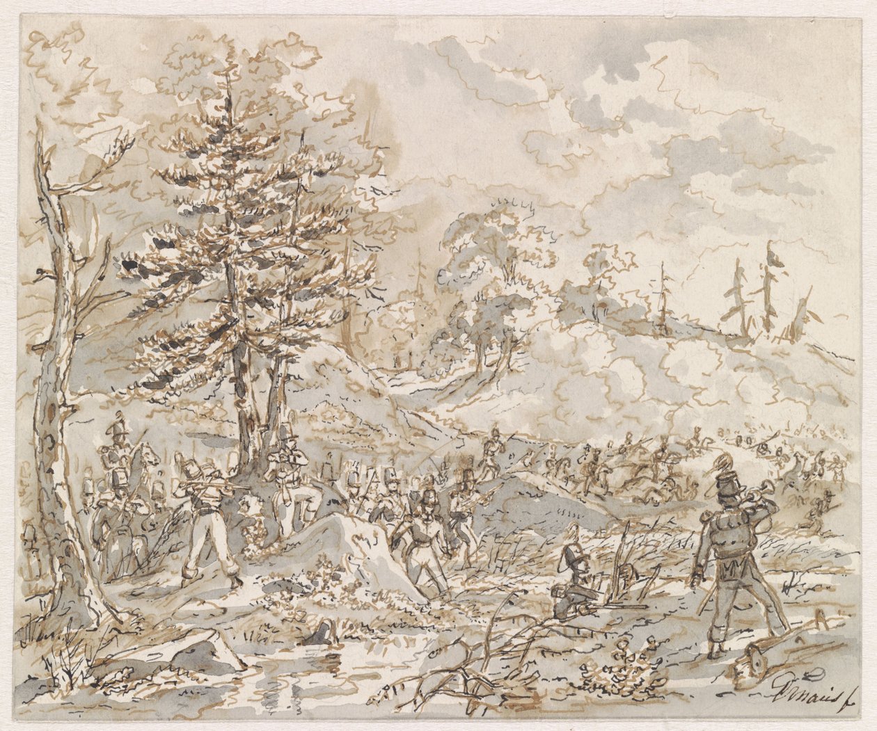 Gevecht tussen cavalerie en voetvolk in heuvellandschap door Gerardus Emaus de Micault