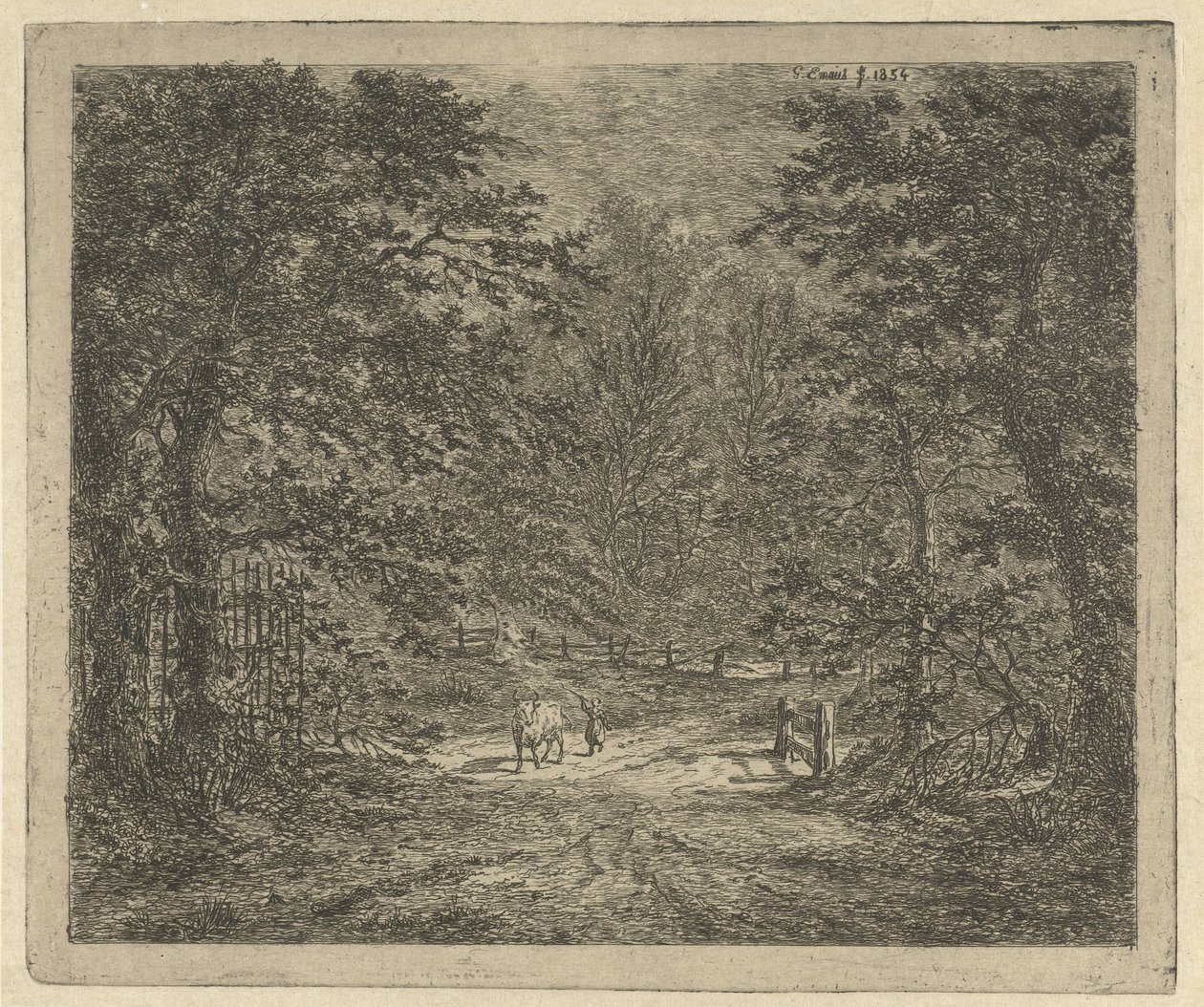 Herderin met koe in het bos door Gerardus Emaus de Micault