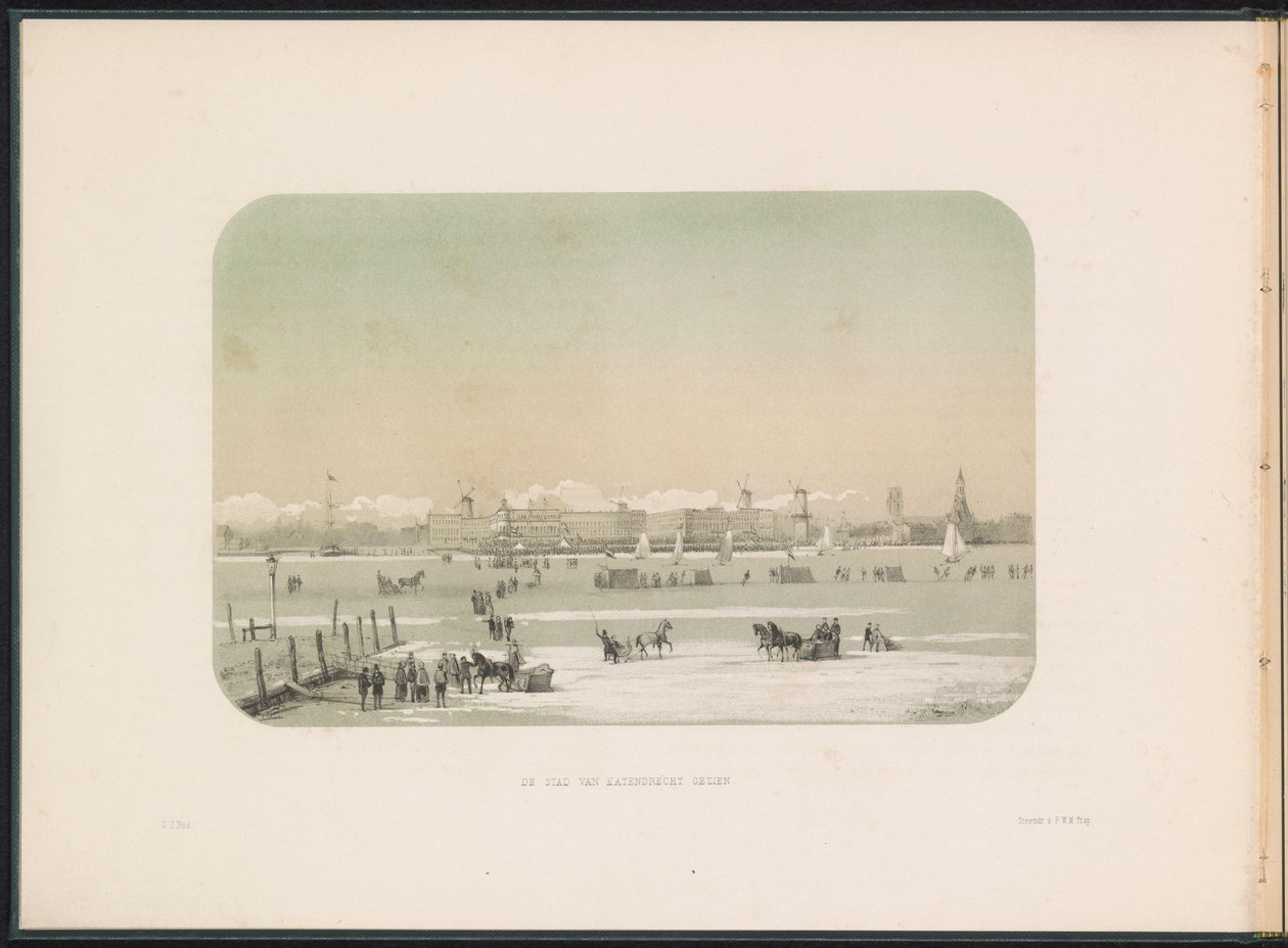 IJsvermaak op de Maas te Rotterdam, gezien vanaf Katendrecht, 1855 door Gerardus Johannes Bos