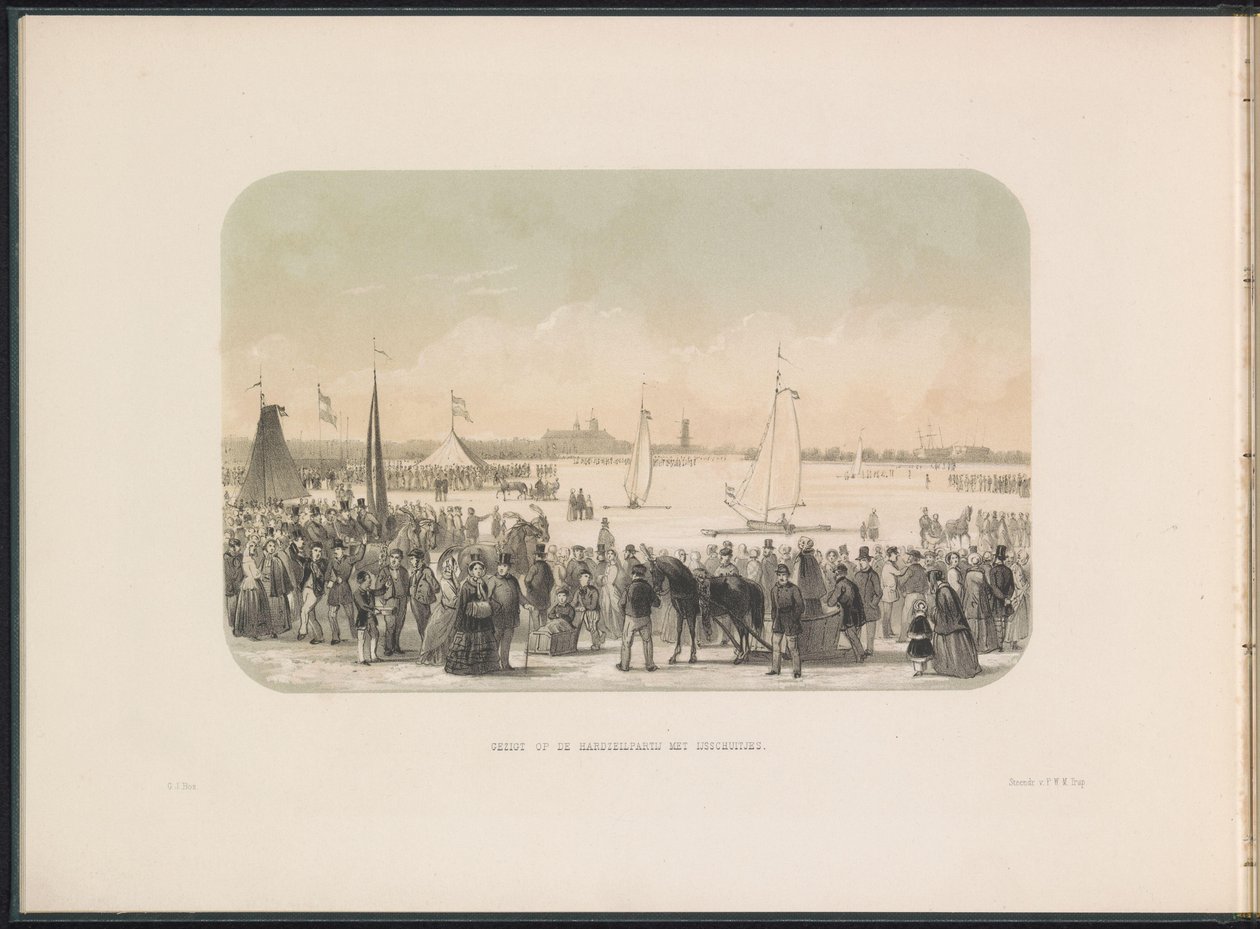 Wedstrijd voor ijszeiljachten op de Maas te Rotterdam, 1855 door Gerardus Johannes Bos