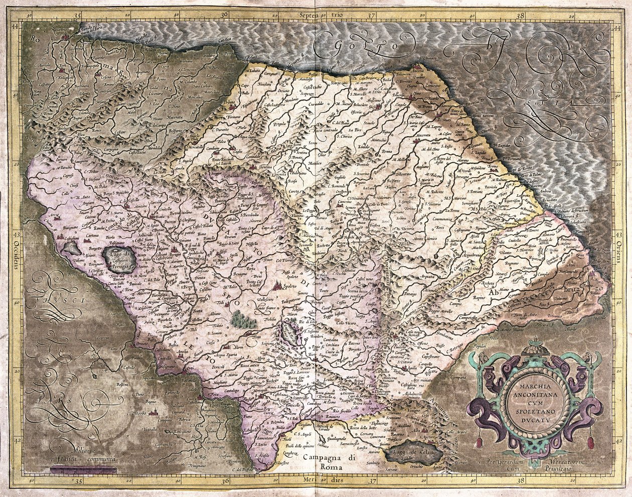 Ancona en Spoleto, Italië (gravure) door Gerardus Mercator