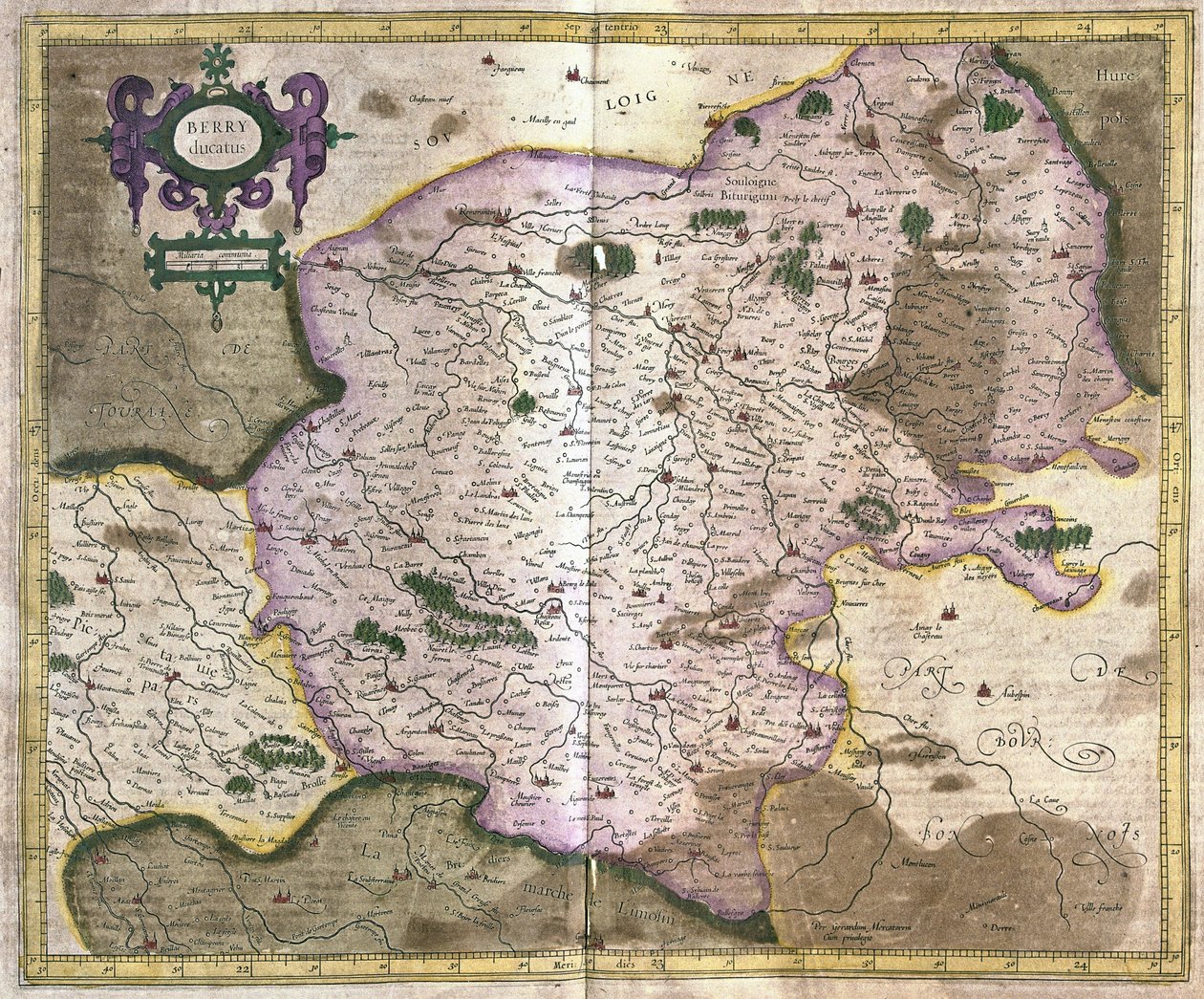 Bourges (vallei van de Loire), Frankrijk (gravure) door Gerardus Mercator