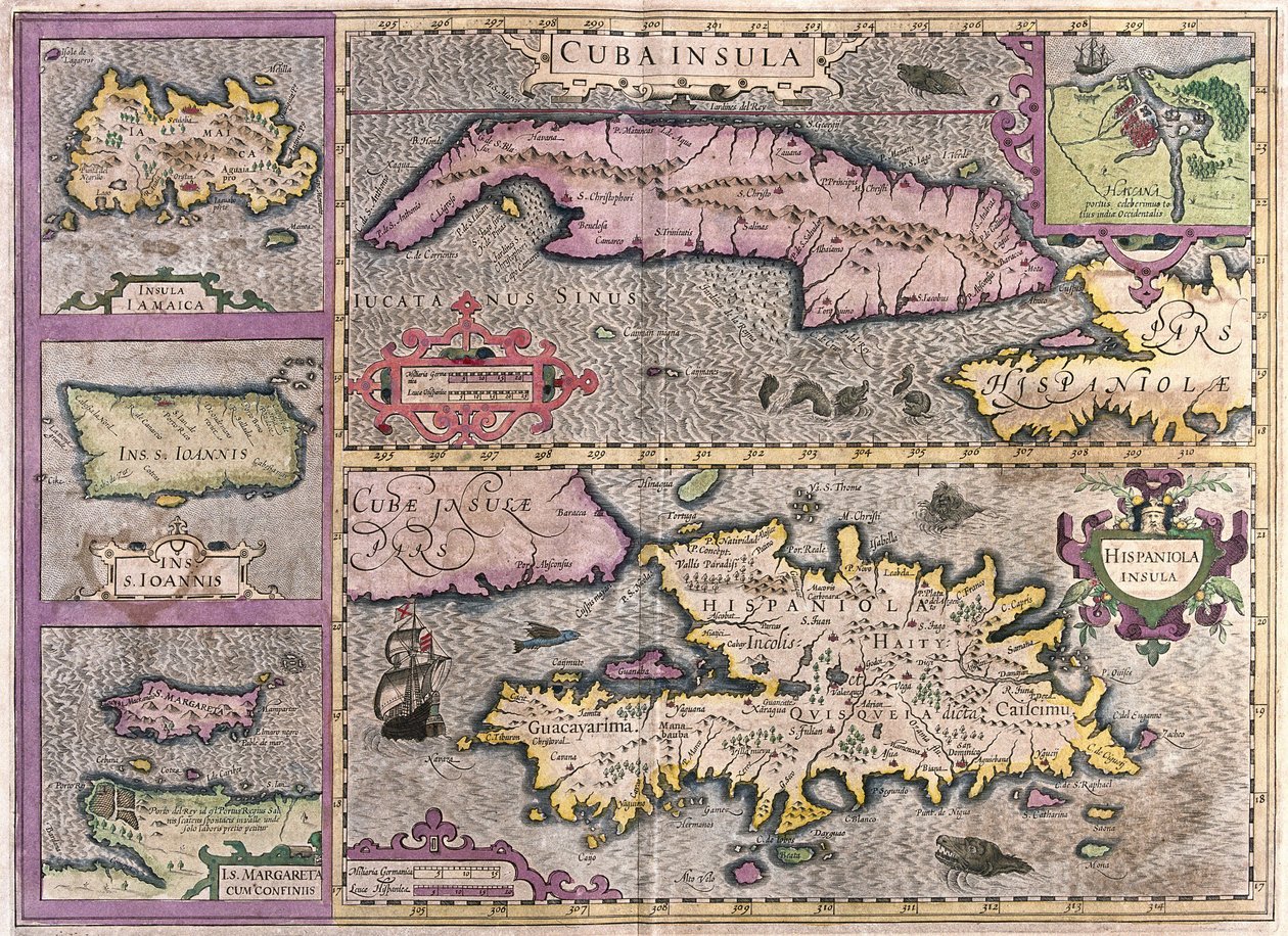 Cuba, Jamaica, Haïti, Puerto Rico (Caribisch gebied) (gravure) door Gerardus Mercator