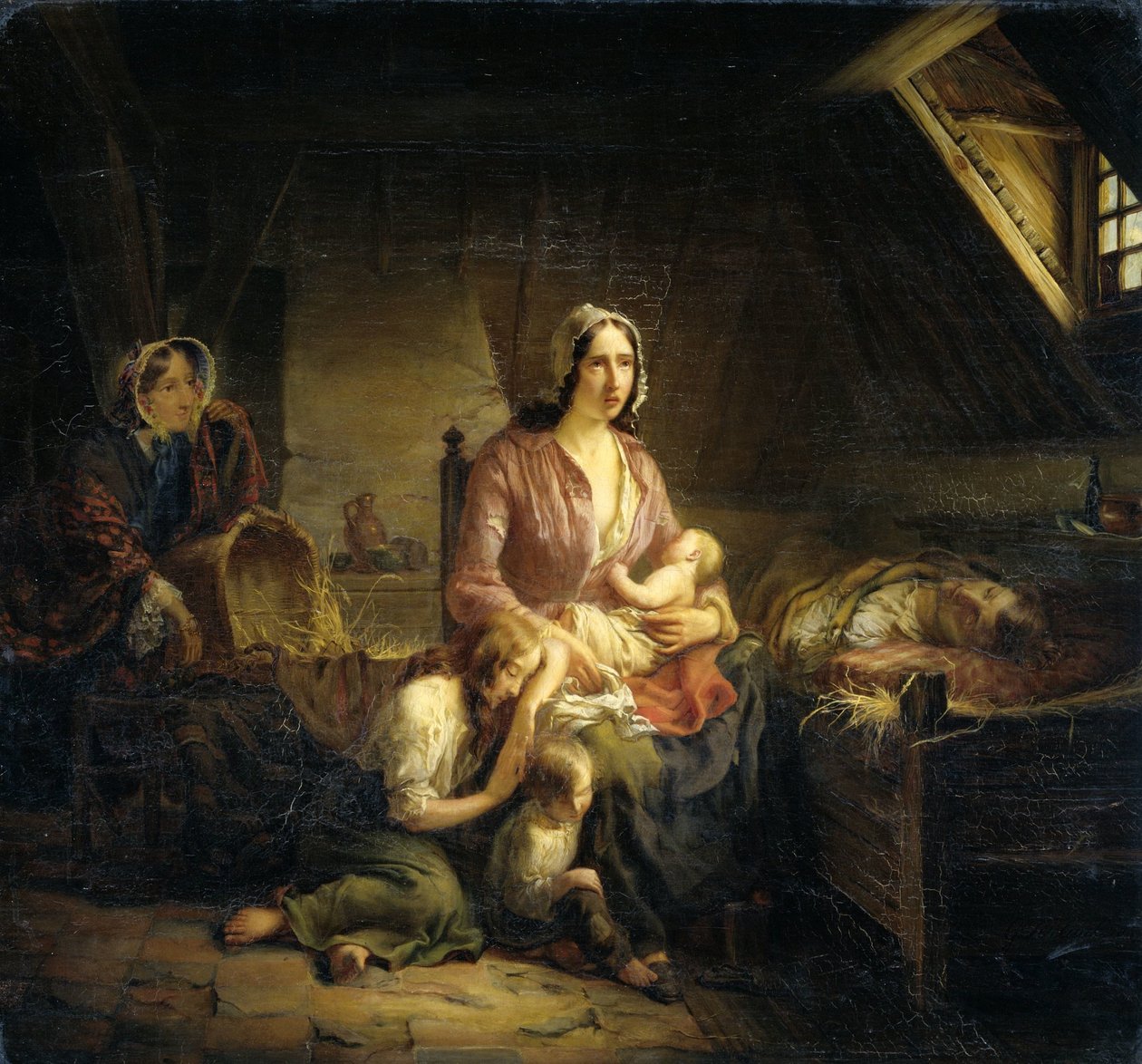 Een rijke dame bezoekt een arme familie door Gerardus Terlaak
