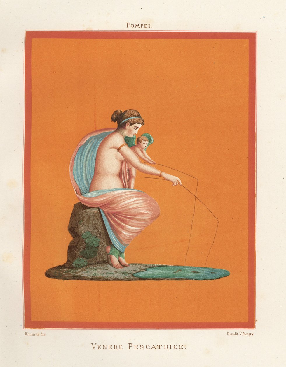 Muurschildering van Venus en Cupido die vissen met hengels uit een vijver. Gevonden in Regio V.V.3, het Huis van de Gladiatoren. Chromolithografie door Victor Steeger naar een illustratie van Geremia Discanno uit Emile Presuhn (1844-1878) De mooiste schild door Geremia Discanno