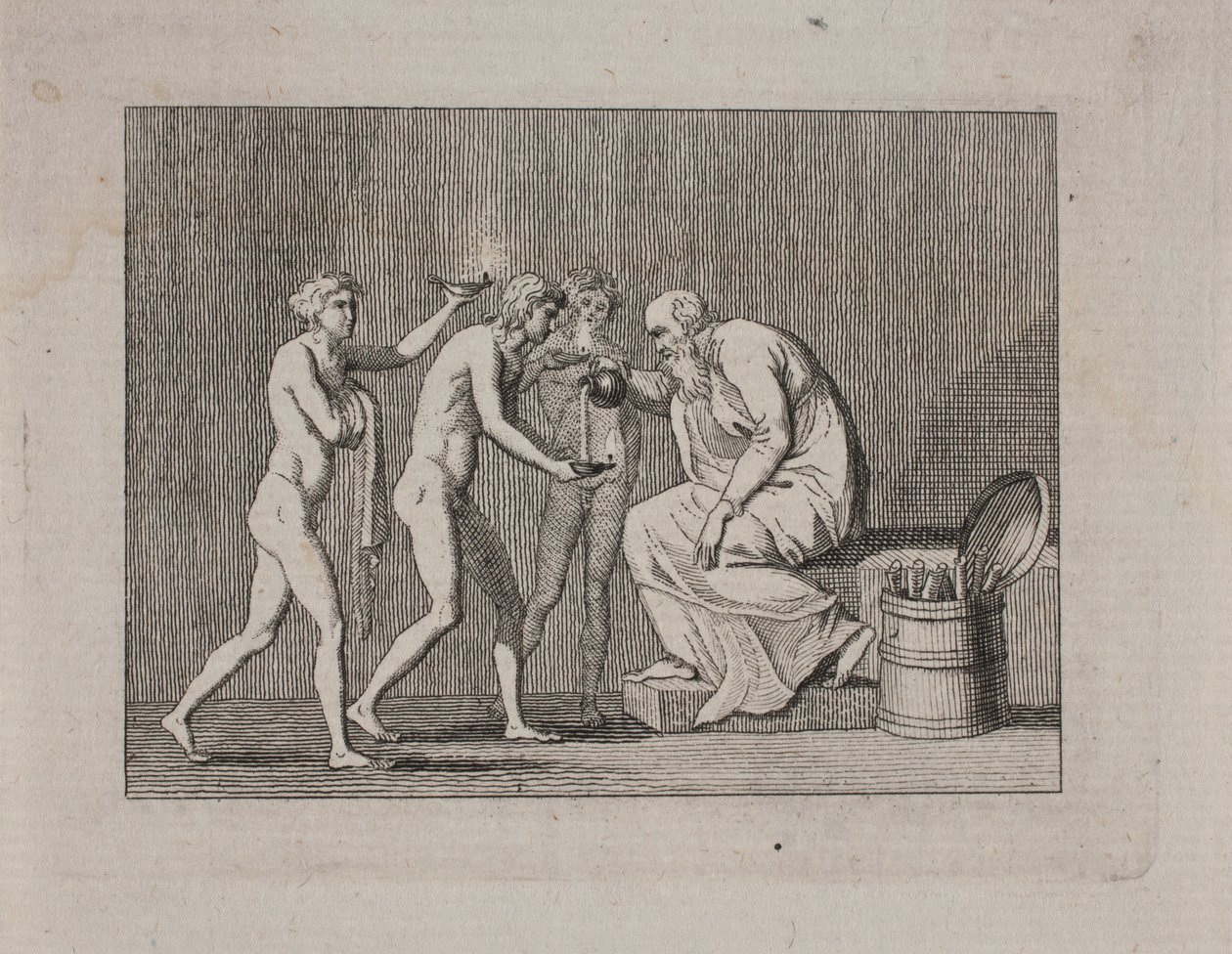 Allegorie met drie jongemannen en een oude man in antieke kleding door Gerhard Ludvig Lahde