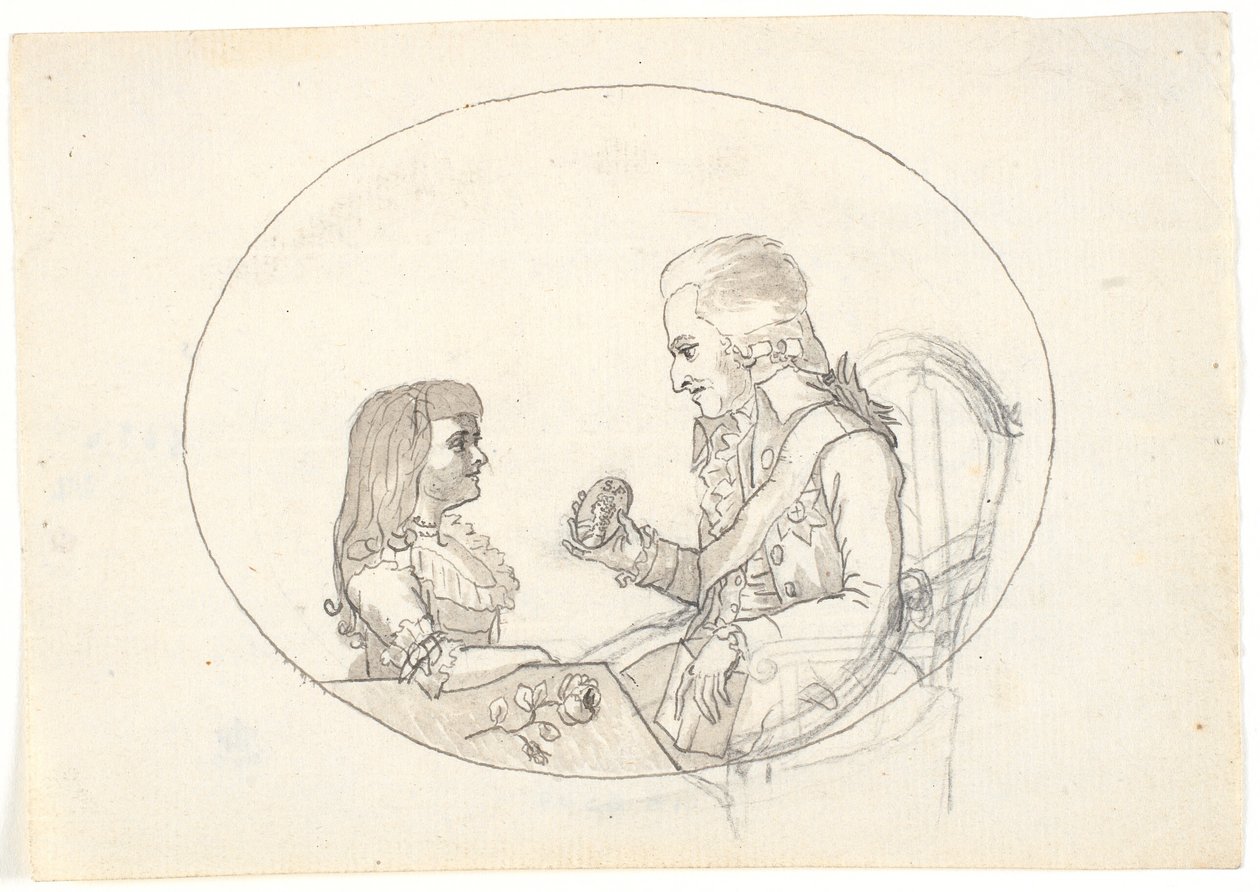 Kroonprins Frederik met de kroonprins (Chr. VIII) toont een portret van de overleden kroonprinses Sofie Frederikke door Gerhard Ludvig Lahde