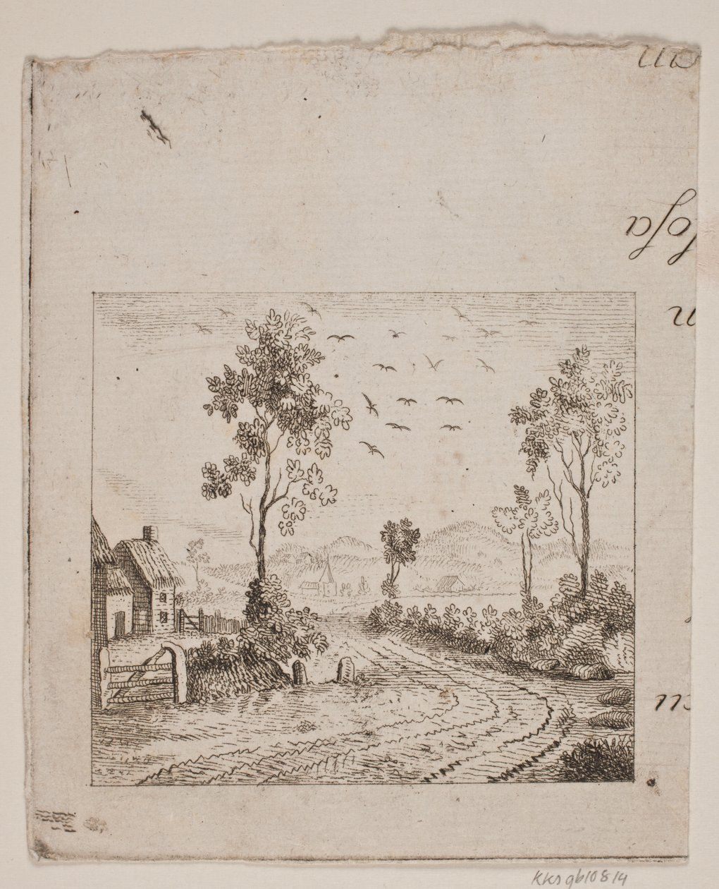 Landschap met huis bij weg met boom en vliegende vogels door Gerhard Ludvig Lahde