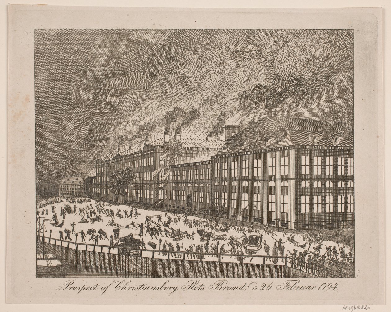 Gezicht op de brand van het Christiansborgslot op 26 februari 1794 door Gerhard Ludvig Lahde