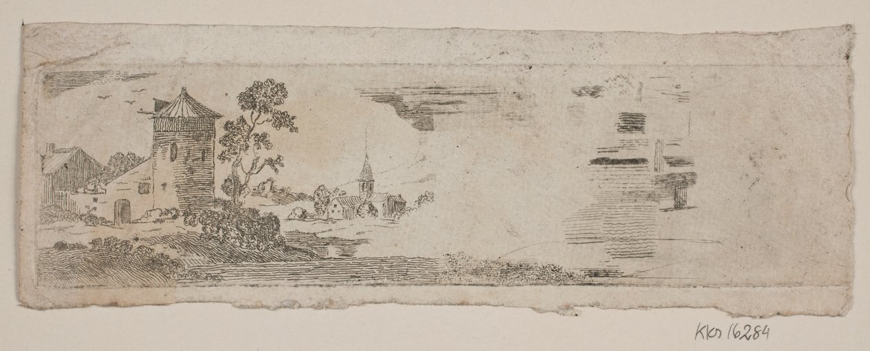 Proefblad van landschap met kasteel en kerk door Gerhard Ludvig Lahde