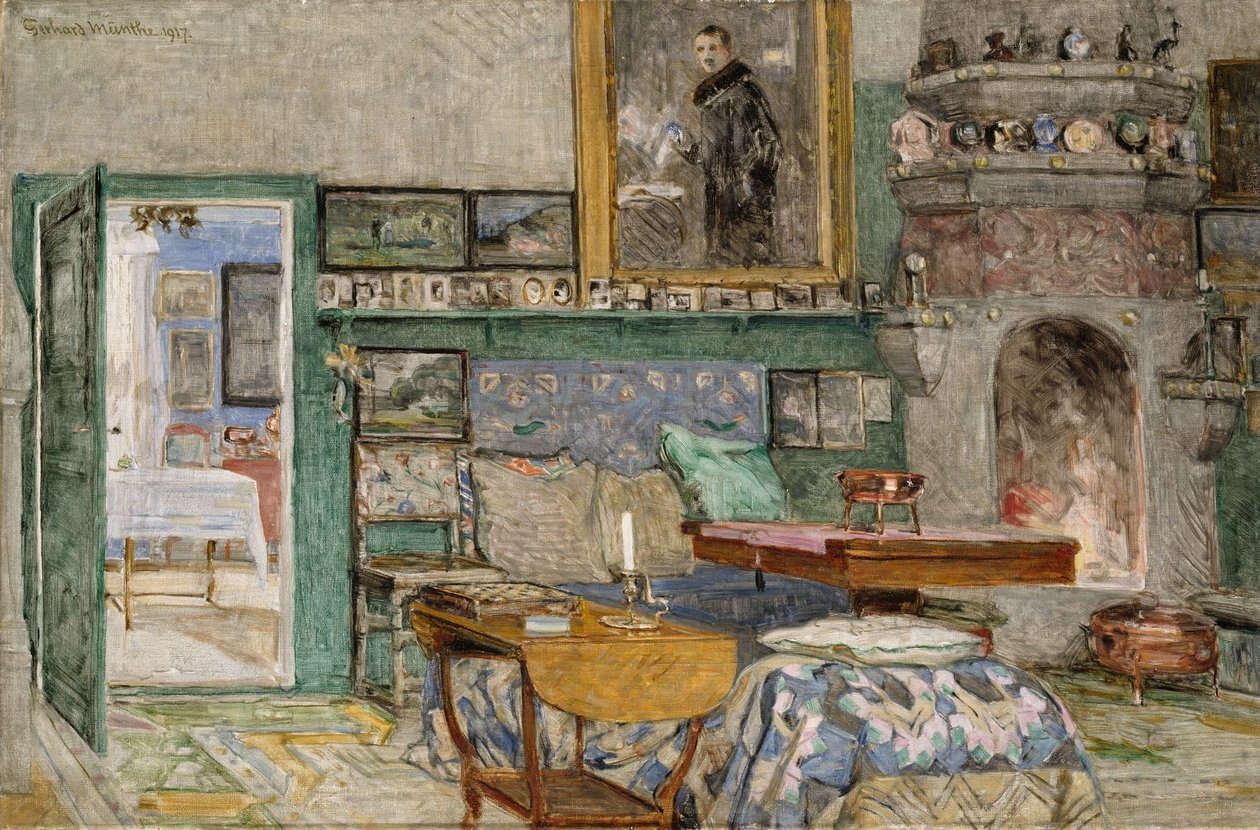 De openhaardkamer uit het huis van de kunstenaar Leveld in Lysaker door Gerhard Munthe