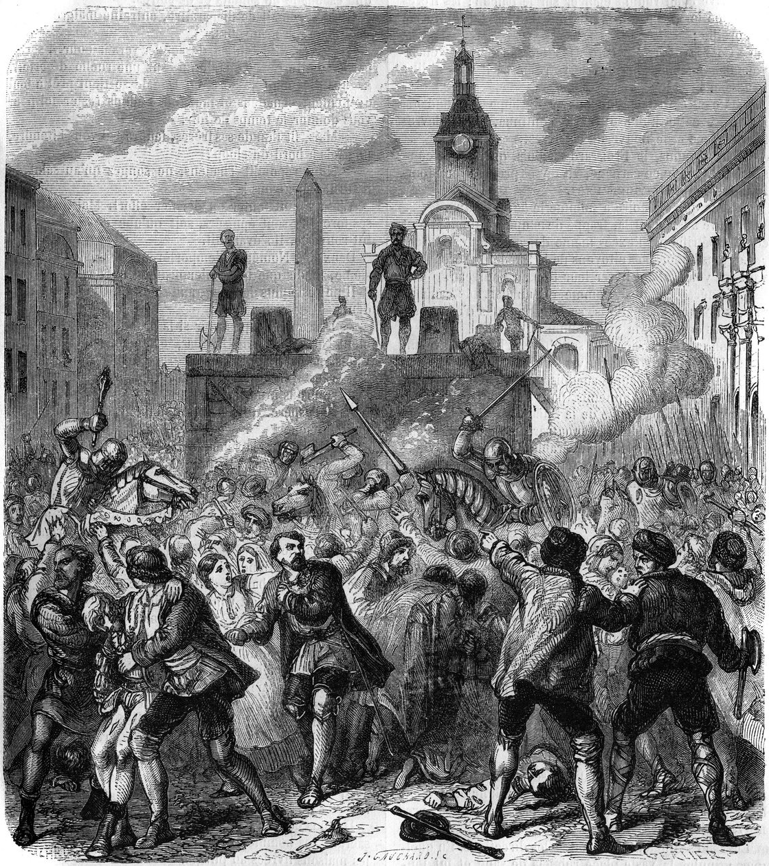 Stockholm bloedbad, massamoorden op Zweedse nationale verzetsleiders bevolen door koning Christiaan II van Denemarken, 8 november 1520: het leger probeert de woede van de bevolking te kalmeren, gedwongen om de executies te bekijken. Gravure door Gerlier door Gerlier Gerlier