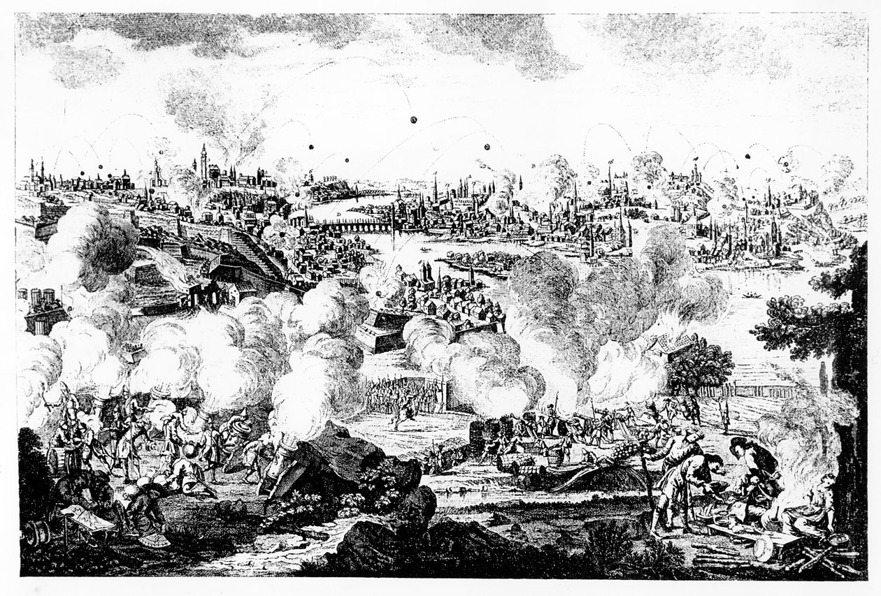 Bombardement van Praag tijdens de nacht van 29 en 30 mei 1757, gegraveerd door P. Benazech door German School