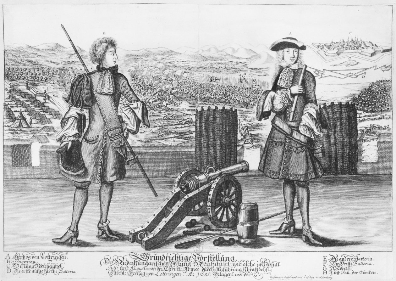 Karel V, hertog van Lotharingen en Bar, met een ingenieur, bij de slag om Neuhausel tegen de Turken in juli en augustus 1685 door German School
