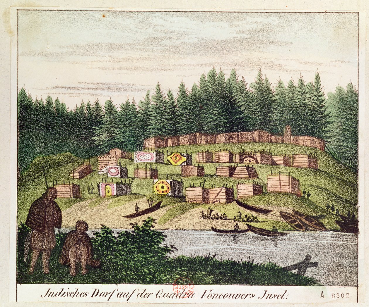 Indiaans kampement op Quadra Island, Vancouver Islands (kleurgravure) door German School