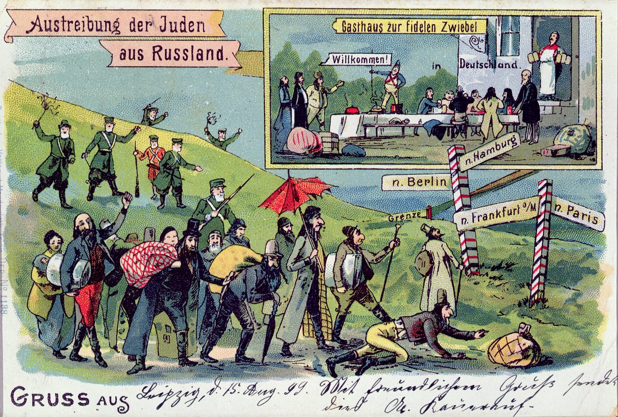 Ansichtkaart die de uitzetting van de Joden uit Rusland en hun welkom in Duitsland afbeeldt, 1899 door German School