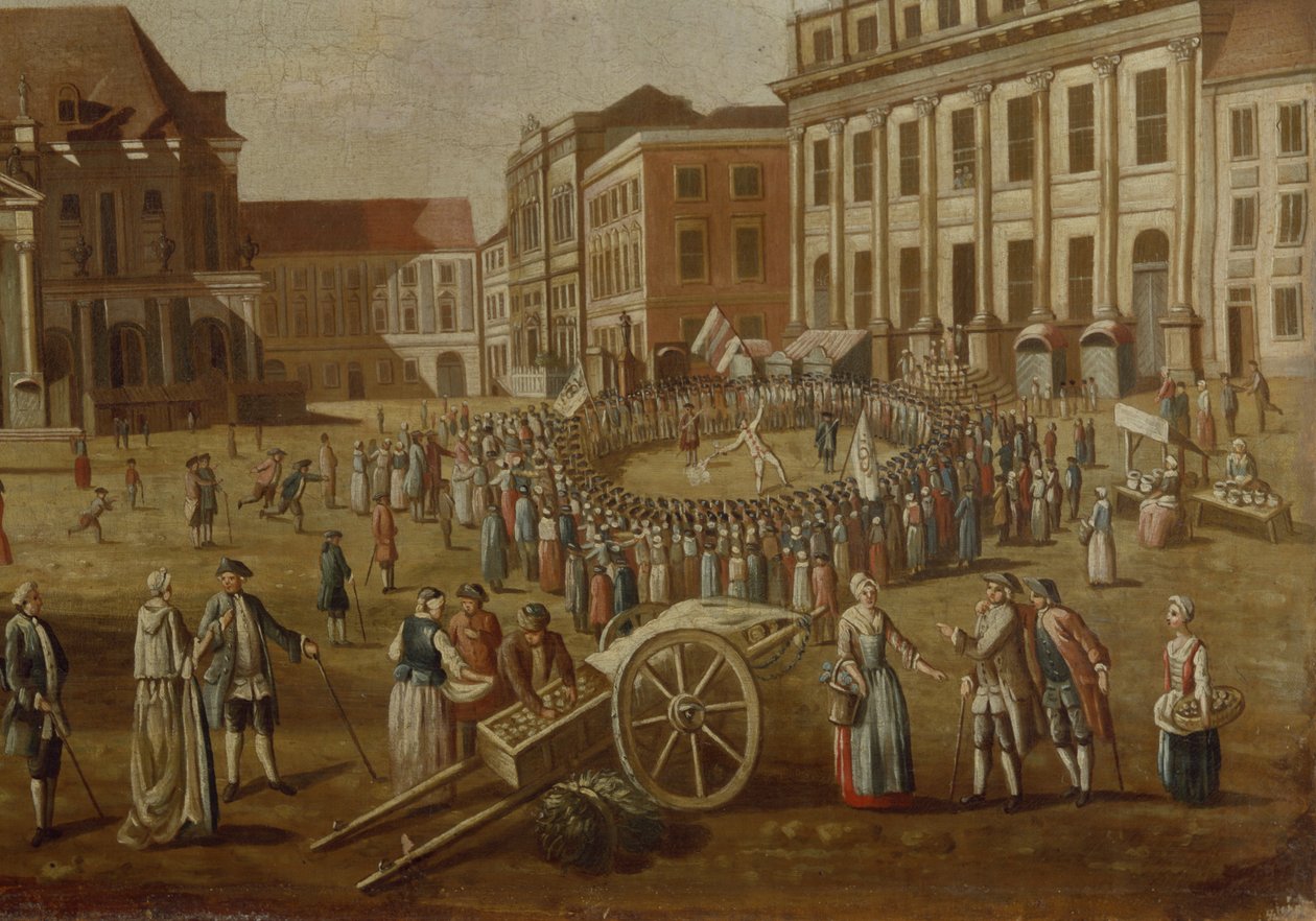 Straatartiesten op de Alter Markt, 1771 (detail) door German School