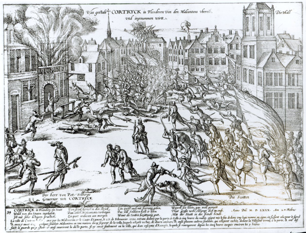 De Slag bij Kortrijk tussen de Fransen en de Vlamingen, 1580 door German School