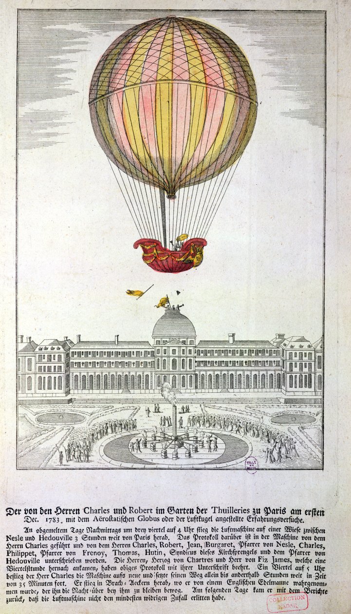 De Vlucht van Jacques Charles en Nicholas Robert uit de Jardin des Tuileries, 1 december 1783 door German School