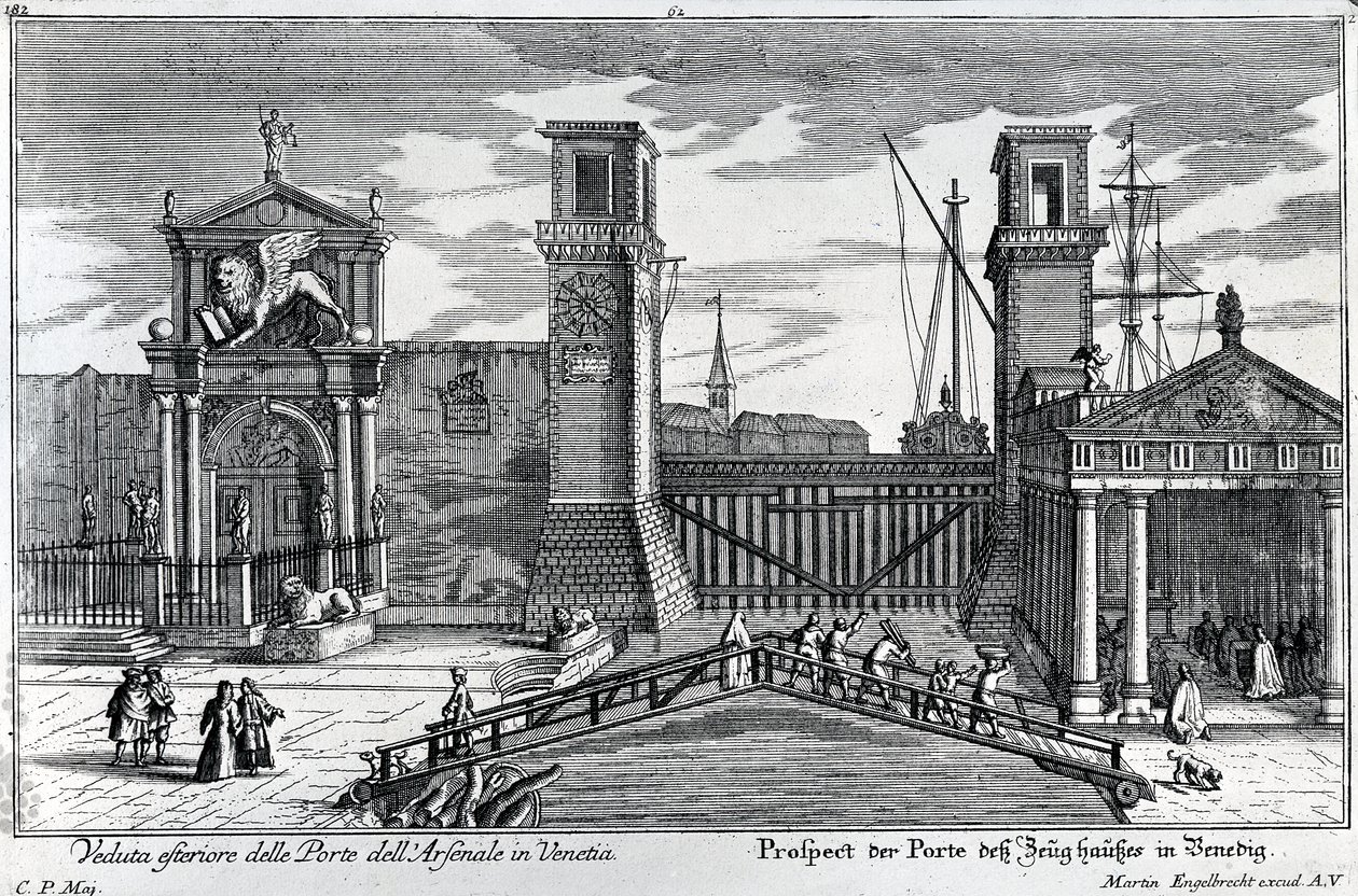 Uitzicht op de poorten bij de ingang van het Arsenaal in Venetië, gepubliceerd door Martin Engelbrecht, ca. 1740s door German School