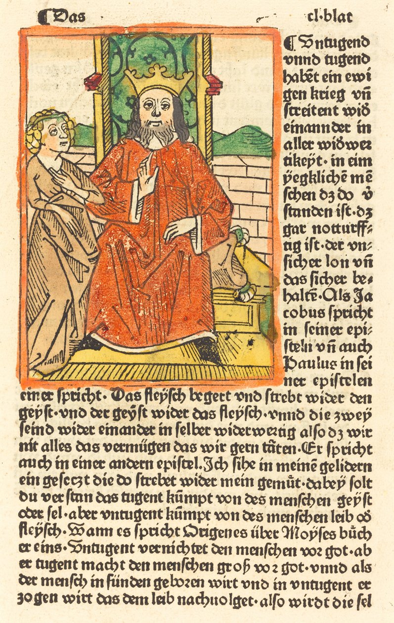 Gekroonde Man op een Troon met de Maagd Staand aan de Linkerkant door German 15th Century