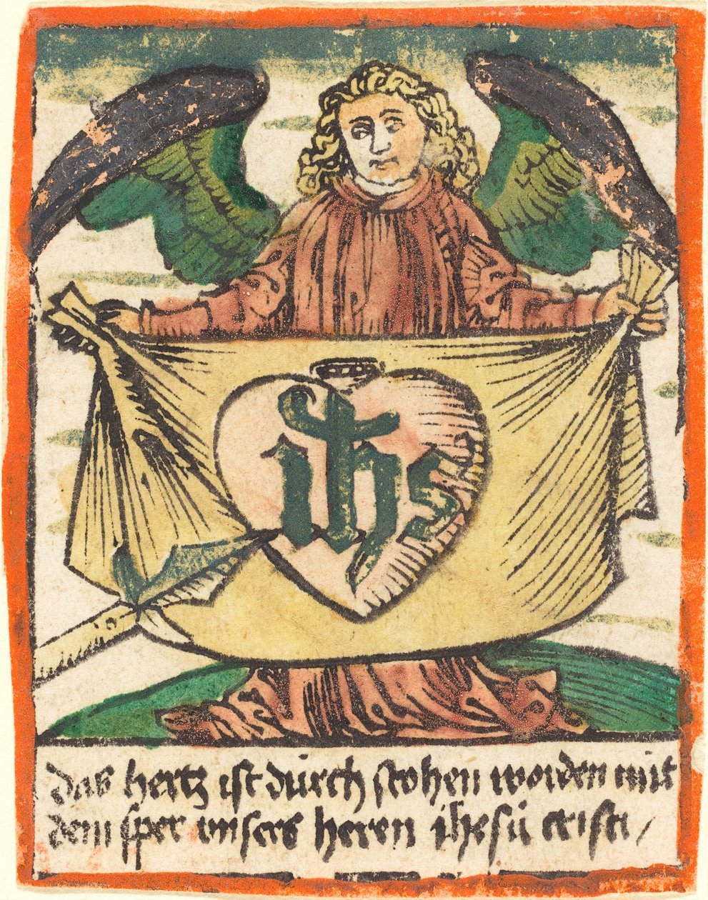 Heilig monogram in een heilig hart op een doek gehouden door een engel door German 15th Century