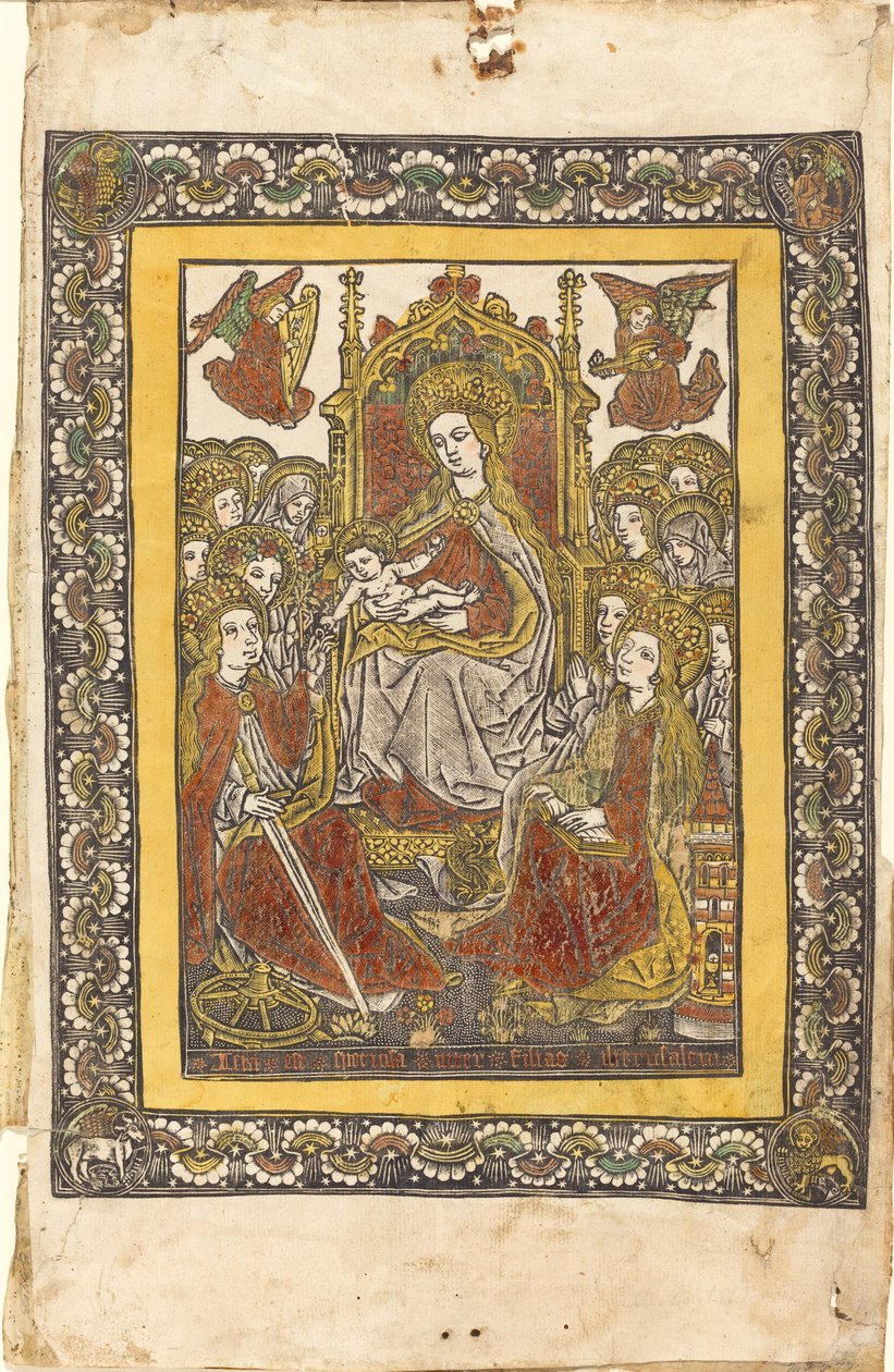 De Madonna op de Troon met Achttien Heilige Vrouwen door German 15th Century or Master with the Mountain Like Clouds