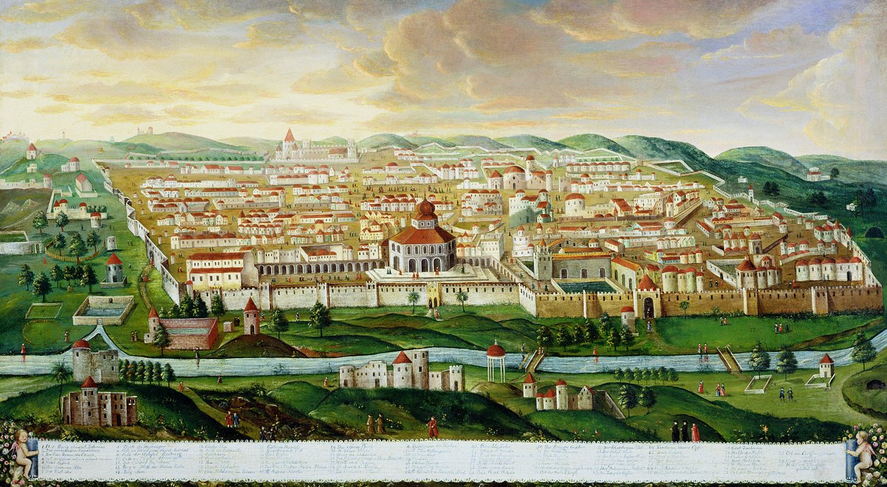 Een uitzicht op de ommuurde stad Jeruzalem, ca. 1740 door German School