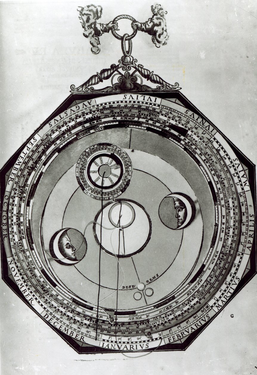 Een Volvelle, mogelijk de cycli van de Maan tonend, naar een illustratie uit Astronomicon Caesareum door Petrus Apianus, 1540 door German School