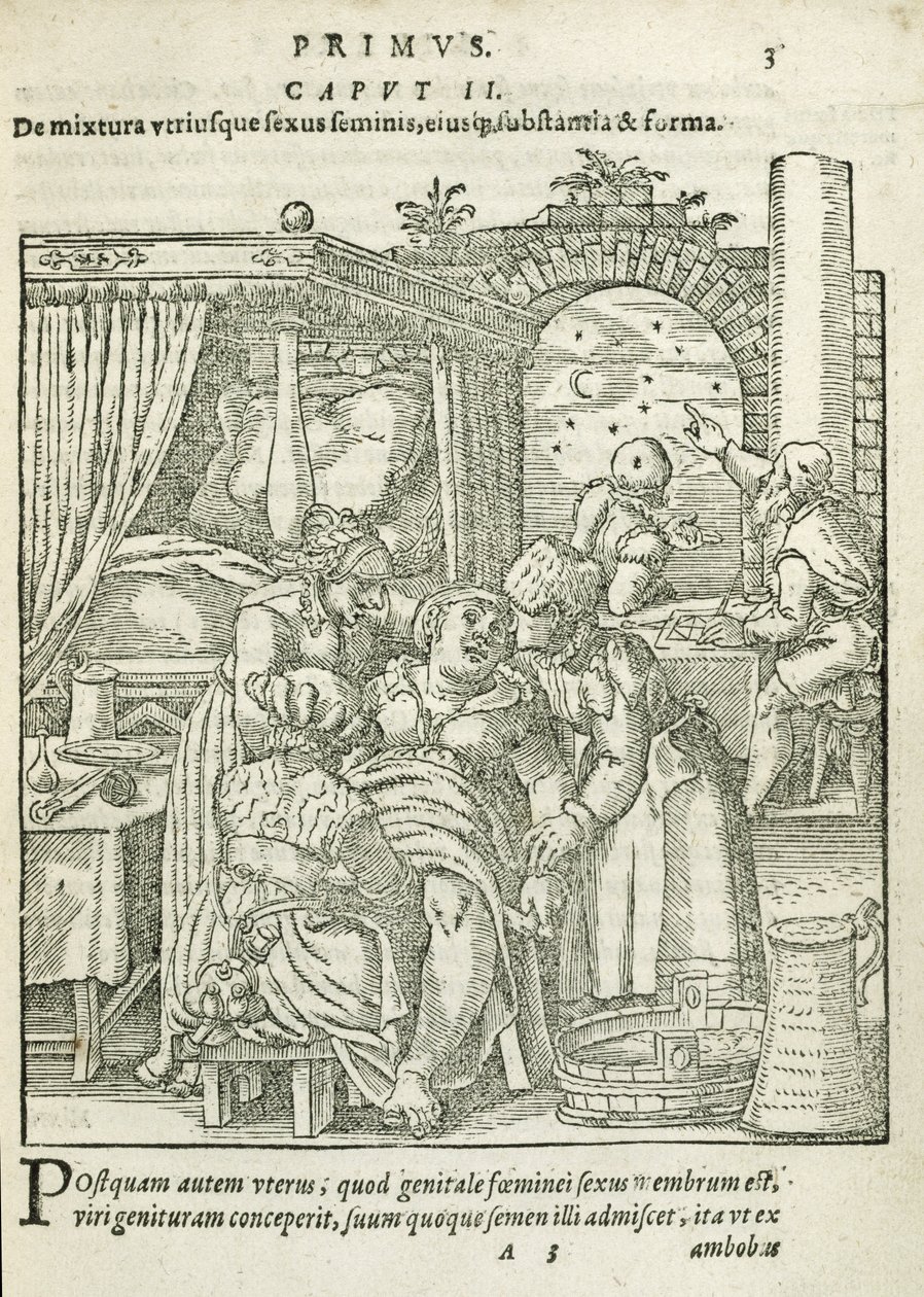 Een vrouw in arbeid, illustratie uit hoofdstuk 2, Boek 1 van Over de conceptie en groei van de mens door Rueff, 1587 door German School