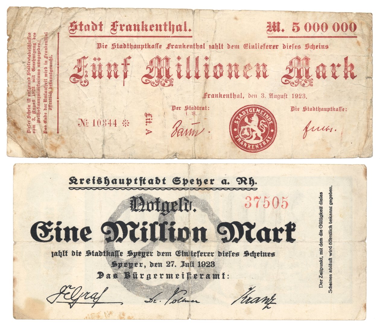 Een bankbiljet van vijf miljoen en één miljoen mark, 1923 door German School