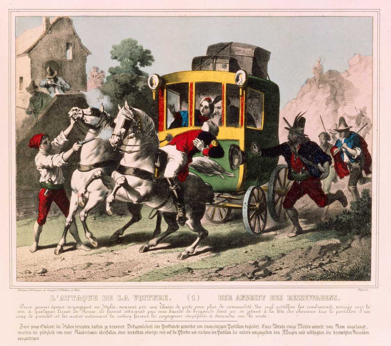 Een pasgetrouwd stel wordt aangevallen door struikrovers in Italië, prentenblad gepubliceerd door Gangel & P. Didion, Metz, ca. 1850 door German School
